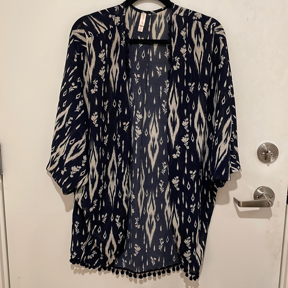 Navy Print Shawl with Pom Poms